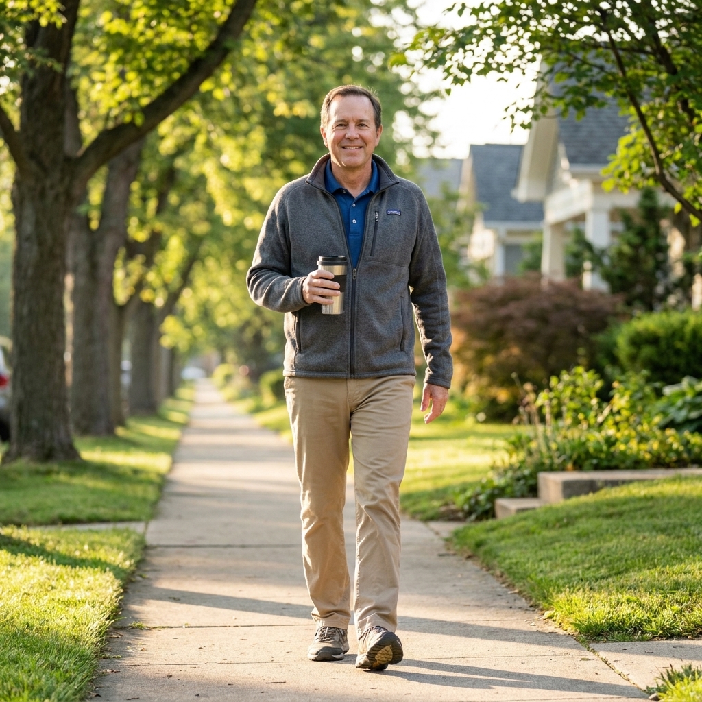 A retiree walking along a quiet neighborhood sidewalk in the morning sunlight, wearing comfortable clothes and looking relaxed