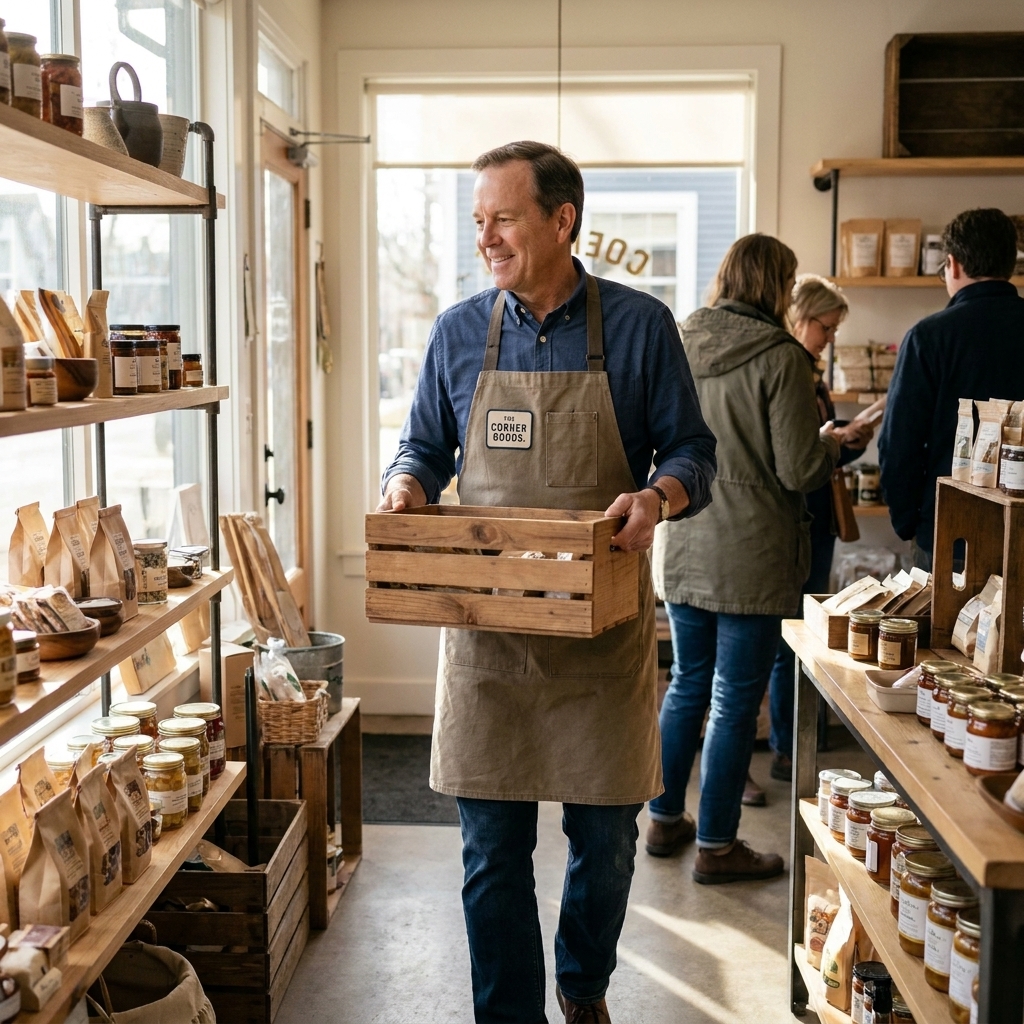 A retiree wearing an apron walking through a small neighborhood shop during daytime, suggesting part-time work in retirement