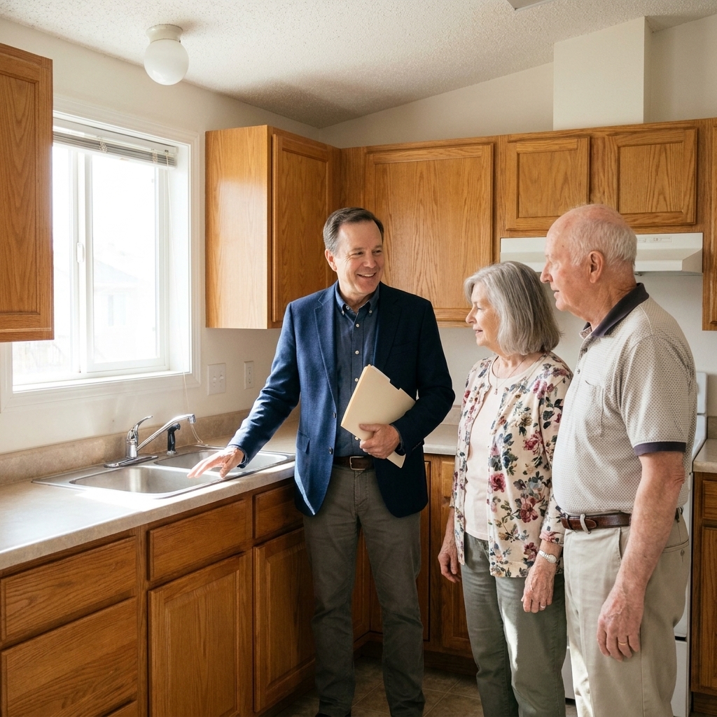 A senior couple walking through a smaller single-story home with a real estate agent, looking at the kitchen and discussing the space.