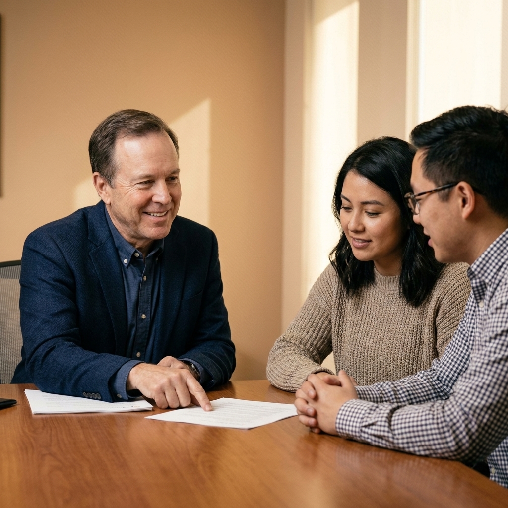 A small business owner meeting with two employees at a conference table, discussing documents.
