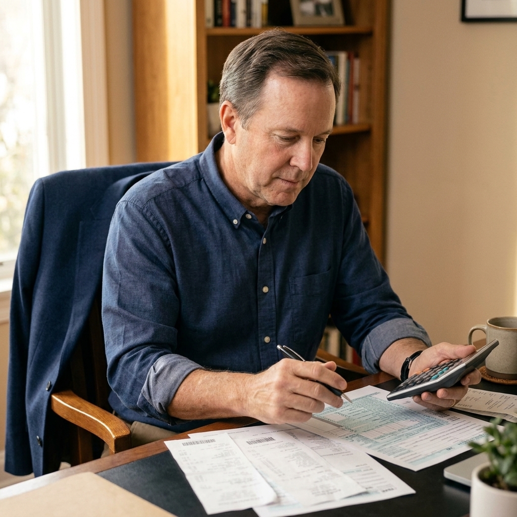 A small business owner sitting at a desk reviewing tax documents with a calculator and pen.