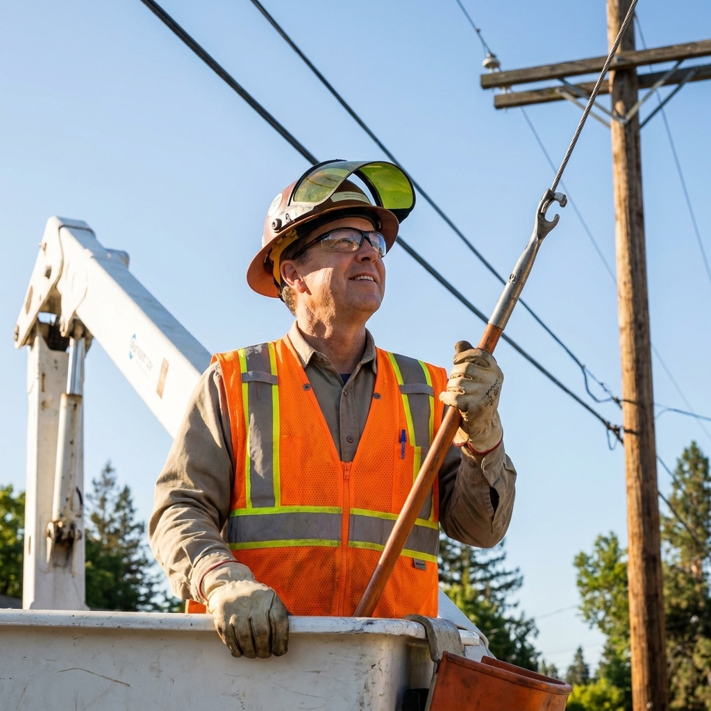 A utility worker in safety gear inspecting power lines from an elevated bucket truck on a clear day