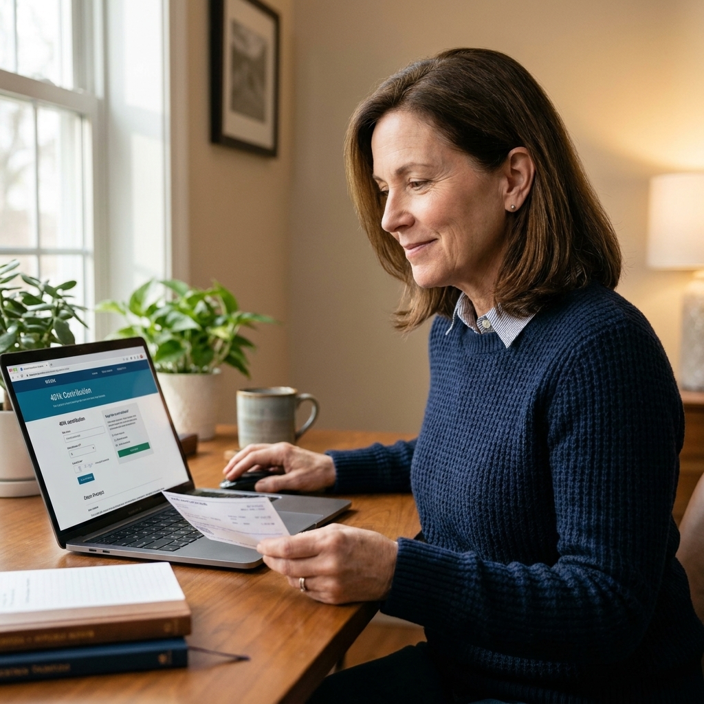 A woman in her 50s at a home desk adjusting her workplace retirement contribution on a laptop while reviewing a paycheck stub