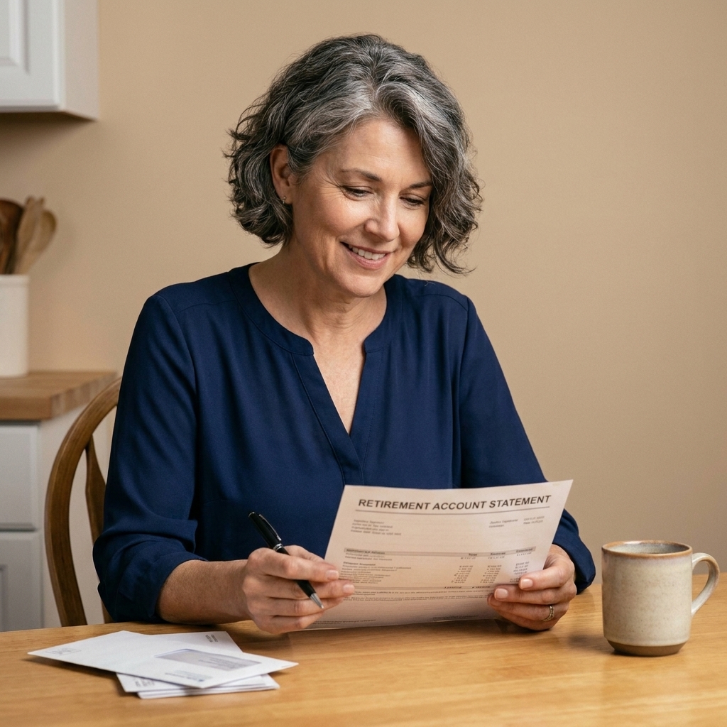 A woman in her 50s sitting at a kitchen table reviewing a retirement account statement with a pen and coffee mug nearby.