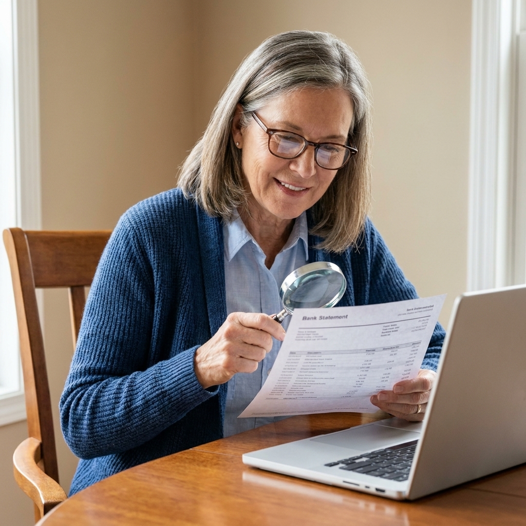 A woman in her 60s sitting at a dining table reviewing a printed bank statement next to an open laptop