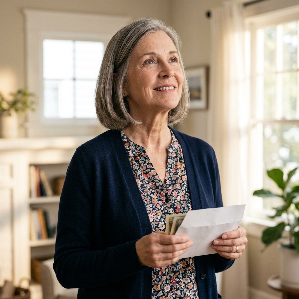 A woman in her 60s standing in a bright living room holding a cash envelope and looking relieved