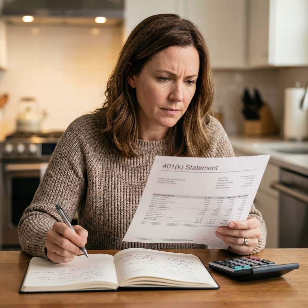 A woman in her early forties sitting at a kitchen table looking over a 401(k) statement with a notebook and calculator nearby