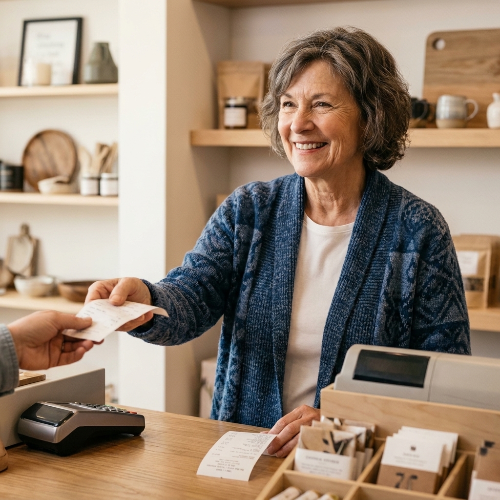 A woman in her late sixties smiles while working at a small retail counter and hands a customer a paper receipt