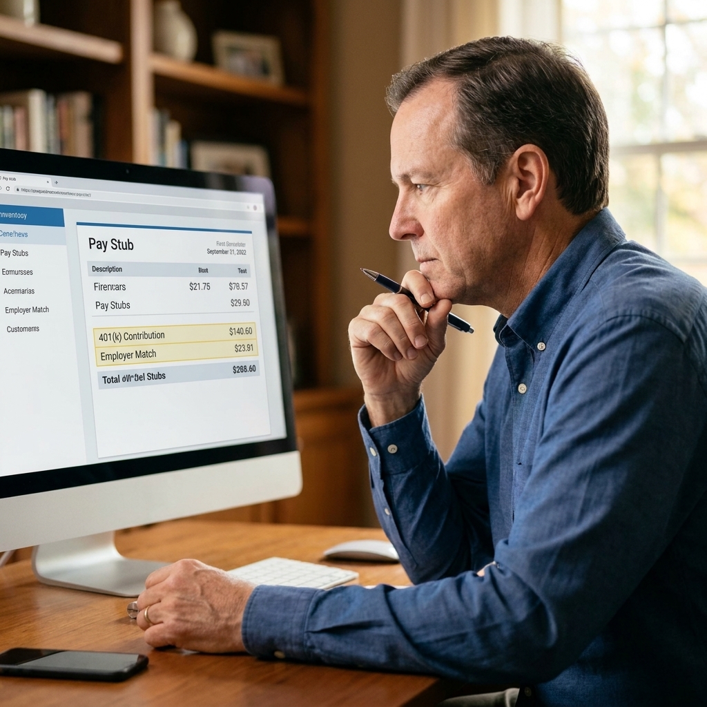 A worker sitting at a desk reviewing a pay stub on a computer, checking retirement contribution and employer match amounts while holding a pen