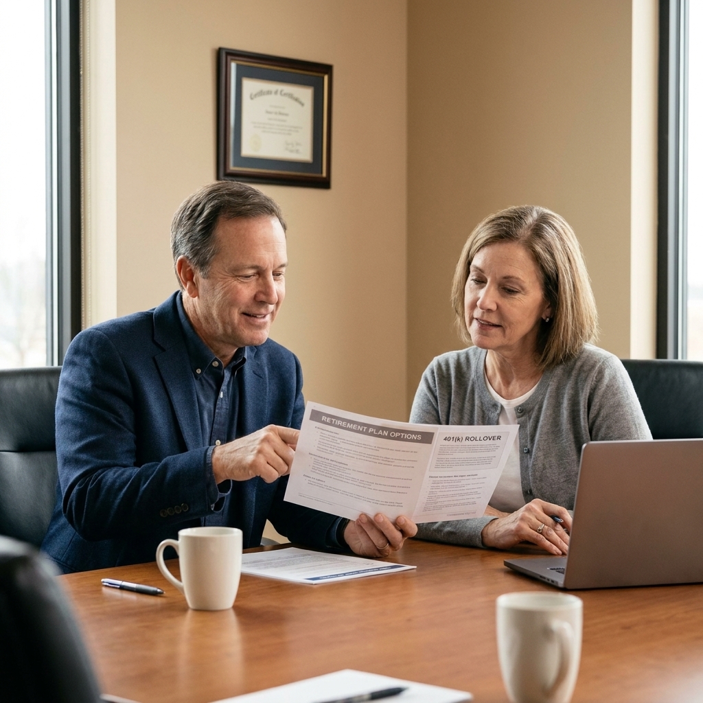An HR benefits manager speaking with an employee in a conference room while reviewing retirement plan paperwork together