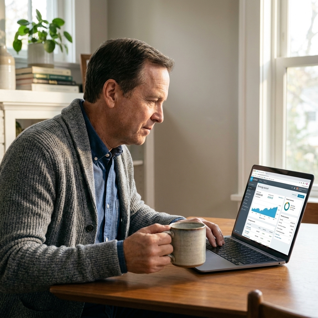 An older adult at home looking at a laptop screen with a brokerage account open while holding a cup of coffee, natural window light