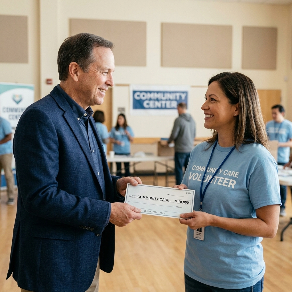 An older adult handing a donation check to a charity volunteer at a community center