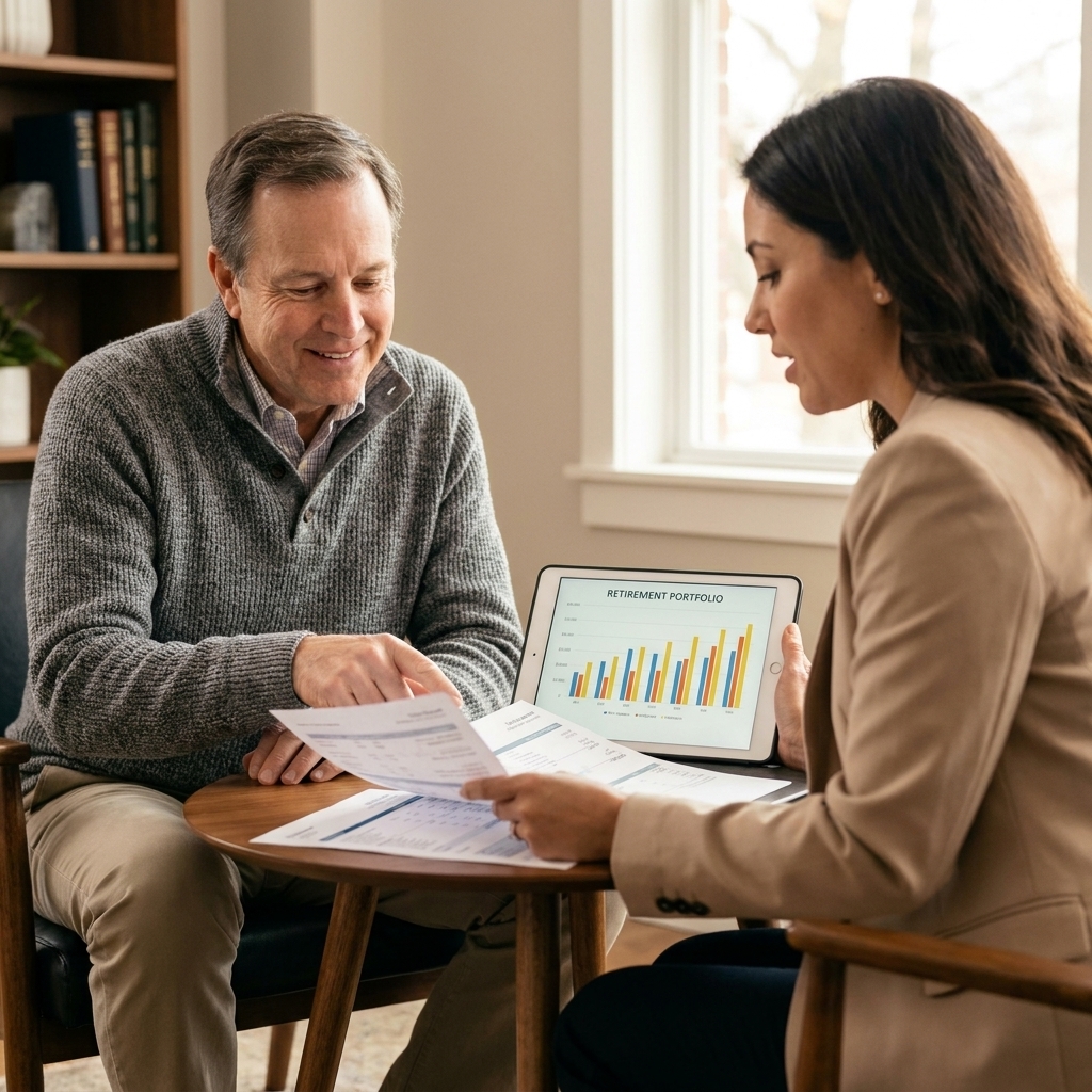 An older adult meeting with a financial planner at a small table, reviewing a retirement portfolio on a tablet and printed statements
