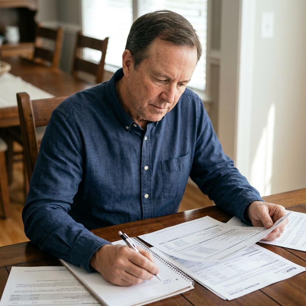 An older adult reviewing bank statements and retirement account paperwork at a dining room table with a pen and notebook