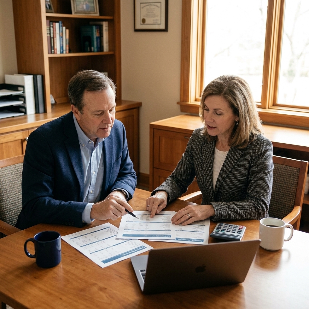 An older adult sitting across a desk from a financial professional in a quiet office, reviewing printed statements together