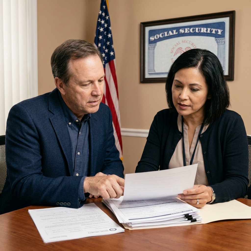 An older adult sitting across from a Social Security representative in an office, discussing benefits while looking at documents on the table
