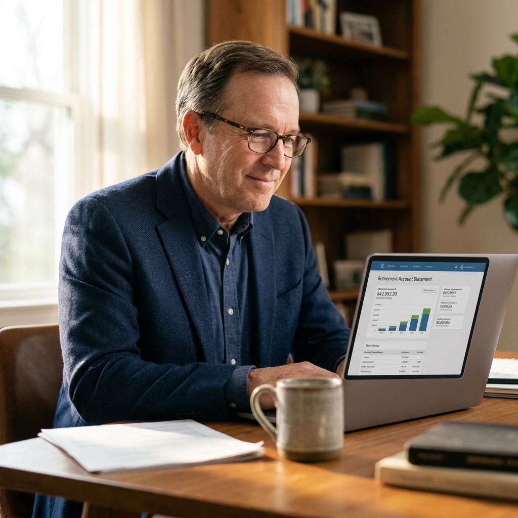 An older adult sitting at a desk at home checking an online banking or retirement account statement on a laptop with soft window light
