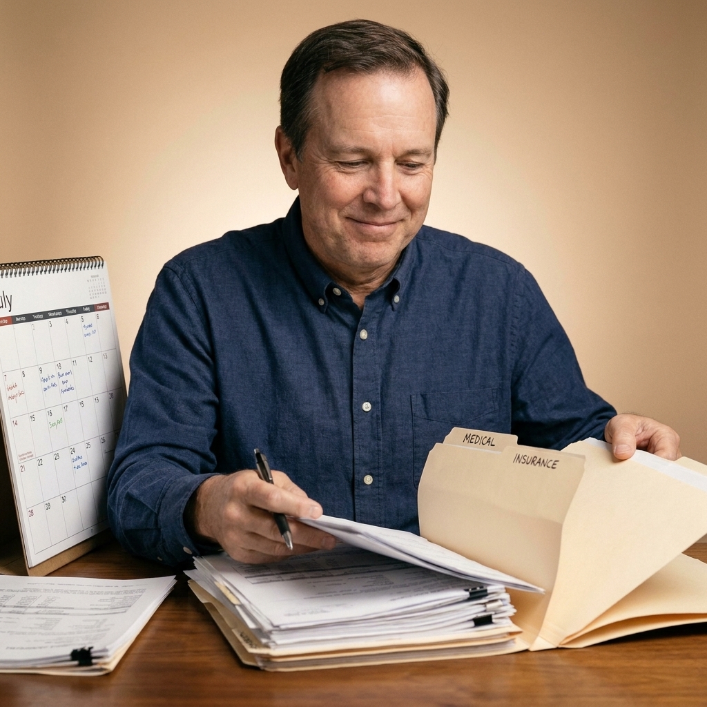 An older adult sitting at a desk organizing medical and insurance paperwork into folders with a calendar and pen nearby