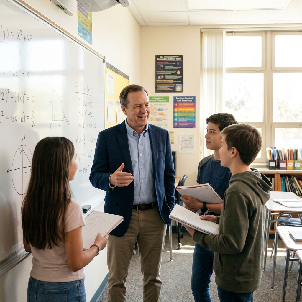 An older adult substitute teacher standing near a whiteboard in a bright classroom, speaking with a small group of students during a lesson