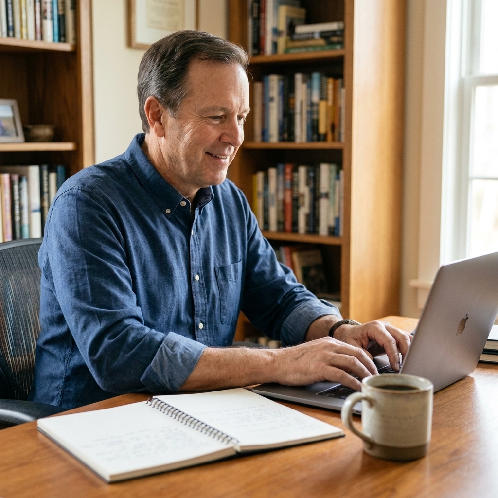 An older adult working at a laptop in a quiet home office with a notebook and a cup of coffee on the desk