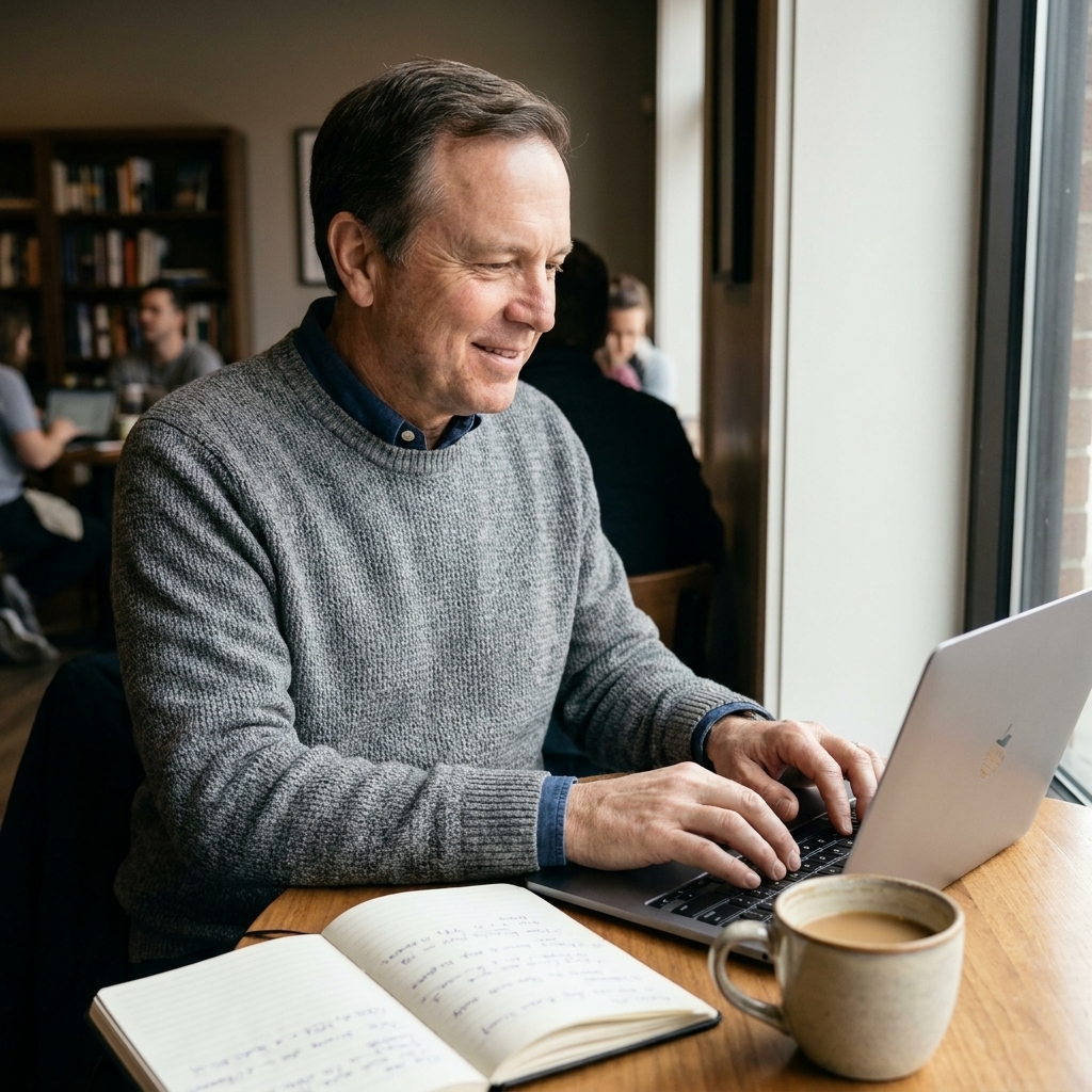 An older adult working part-time on a laptop at a quiet coffee shop table, with a notebook and a cup of coffee nearby