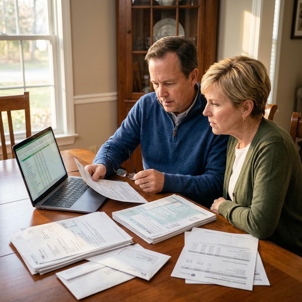 An older couple at a dining room table reviewing tax forms and retirement account documents with a laptop open