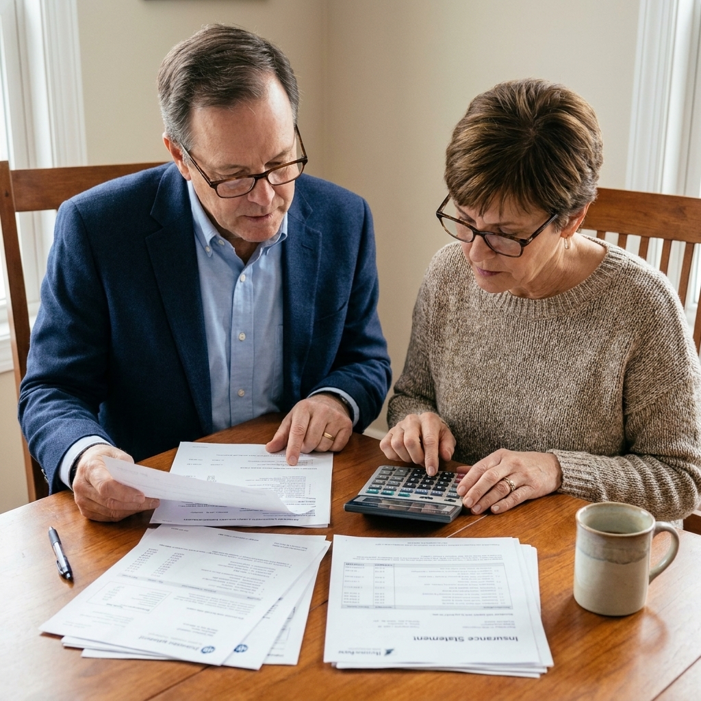 An older couple at a dining table reviewing medical bills and an insurance statement with reading glasses and a calculator nearby