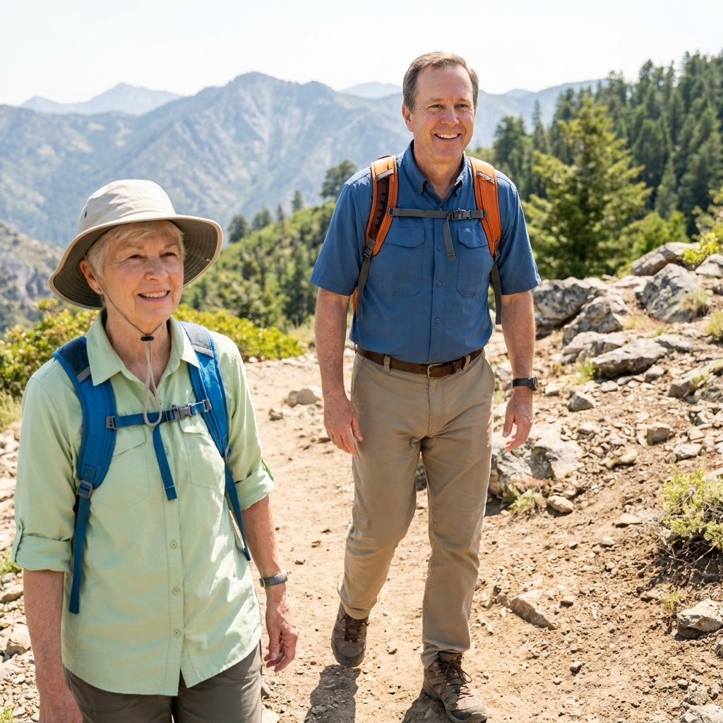 An older couple in hiking clothes walking on a mountain trail during a vacation, carrying small daypacks in bright daylight
