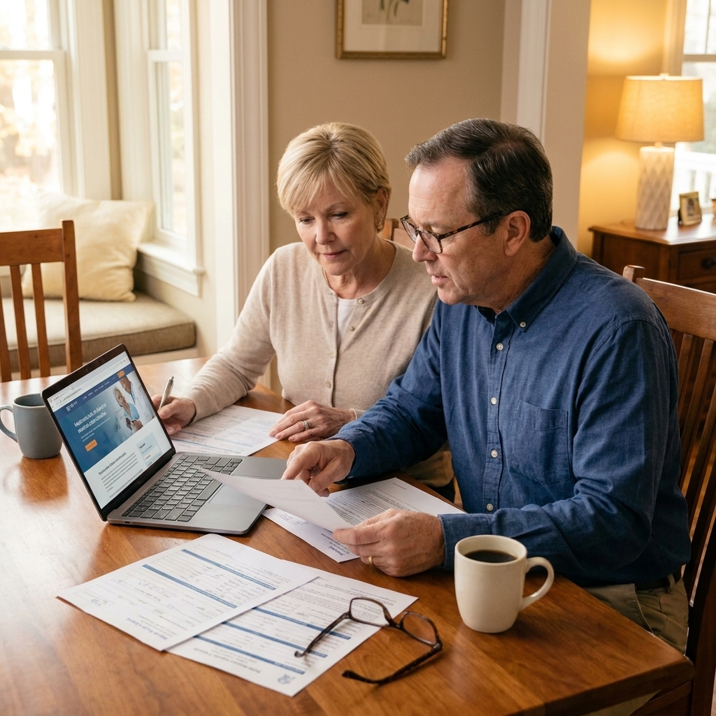 An older couple sits together at a dining table reviewing medical paperwork and a laptop