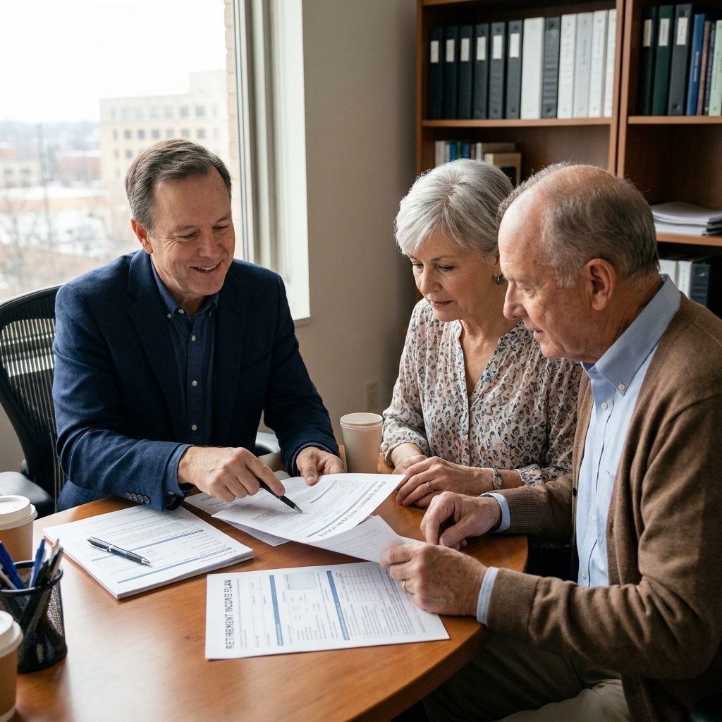An older couple sitting across a desk from a financial advisor in a quiet office, reviewing retirement paperwork together