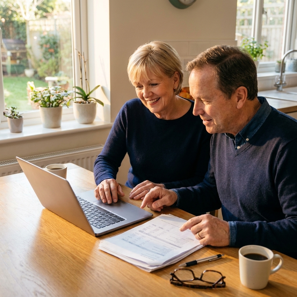 An older couple sitting at a kitchen table reviewing paperwork and a laptop together in warm natural window light