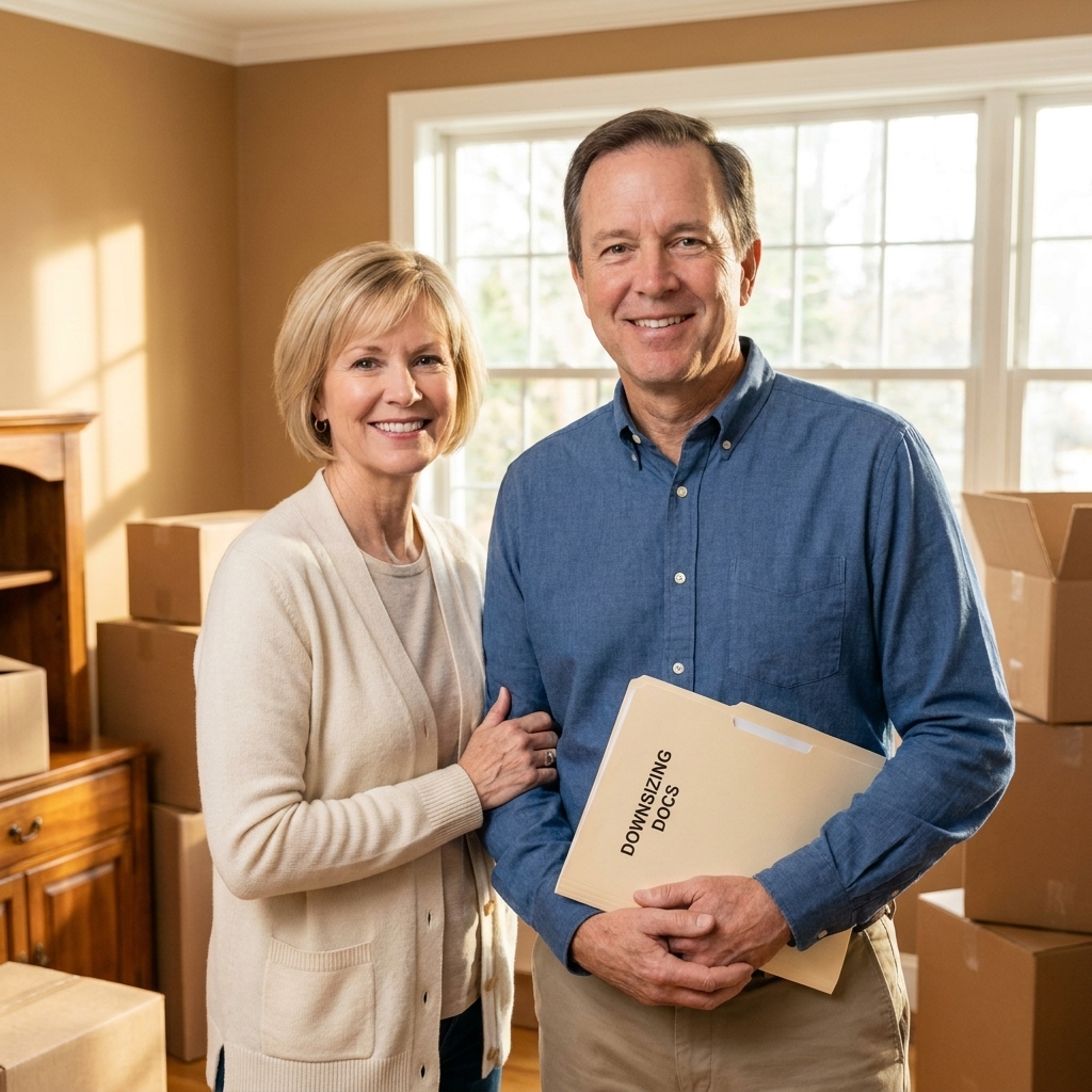 An older couple standing in a bright living room with moving boxes, holding a folder of home documents and smiling as they prepare to downsize.