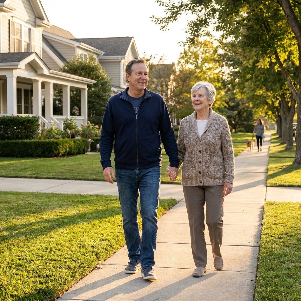 An older couple taking a relaxed walk on a quiet suburban sidewalk in the late afternoon, suggesting everyday retirement lifestyle