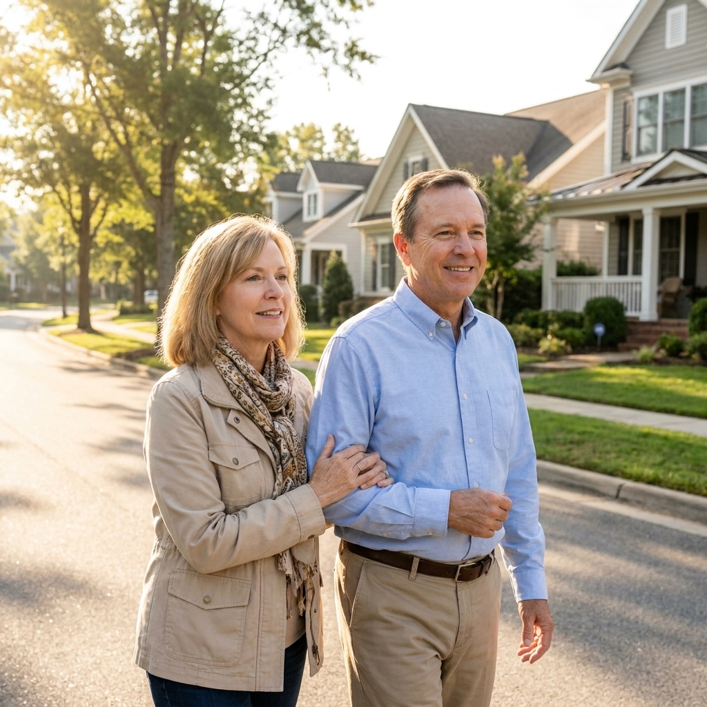 An older couple taking a relaxed walk through a quiet suburban neighborhood on a sunny morning.