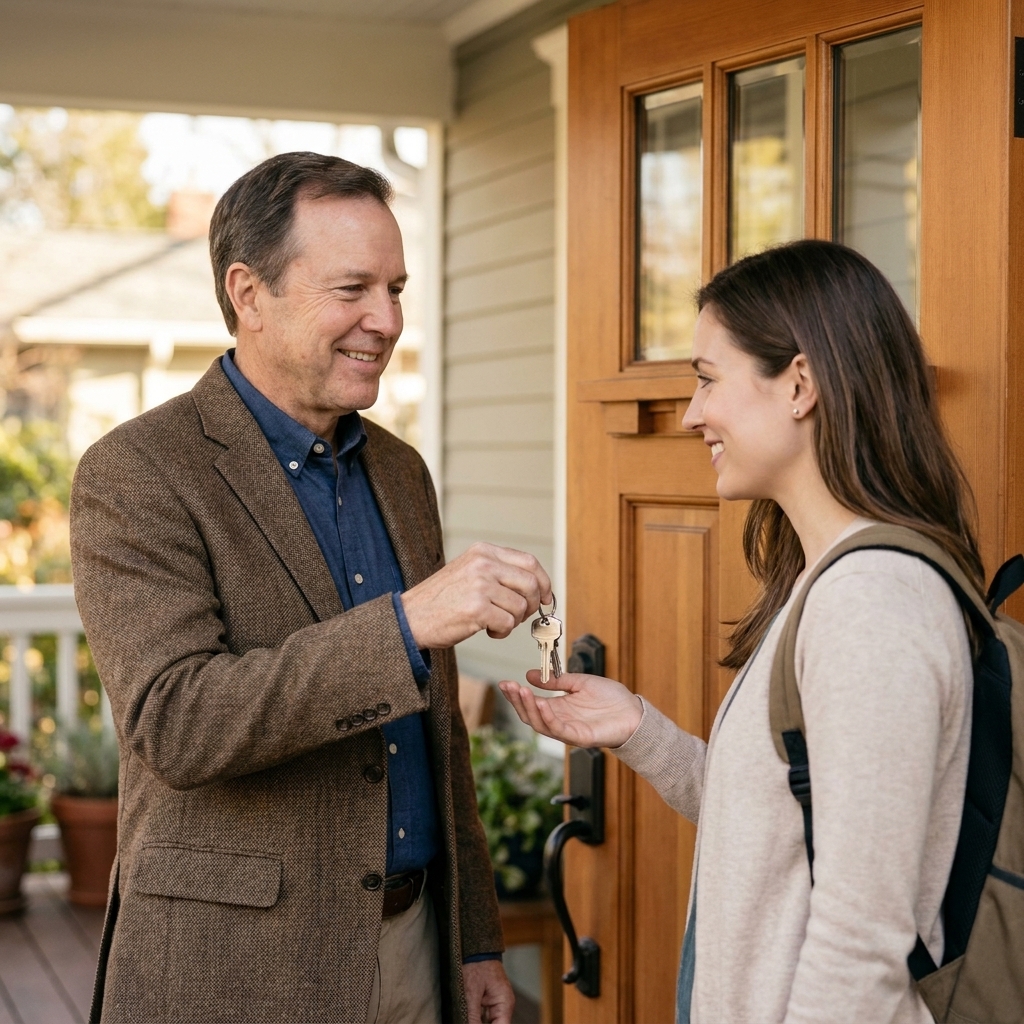 An older homeowner standing at the front door handing a set of keys to a new tenant, both smiling politely.