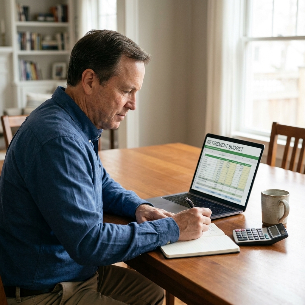 An older man at home reviewing a retirement budget on a laptop with a notebook and calculator on the table