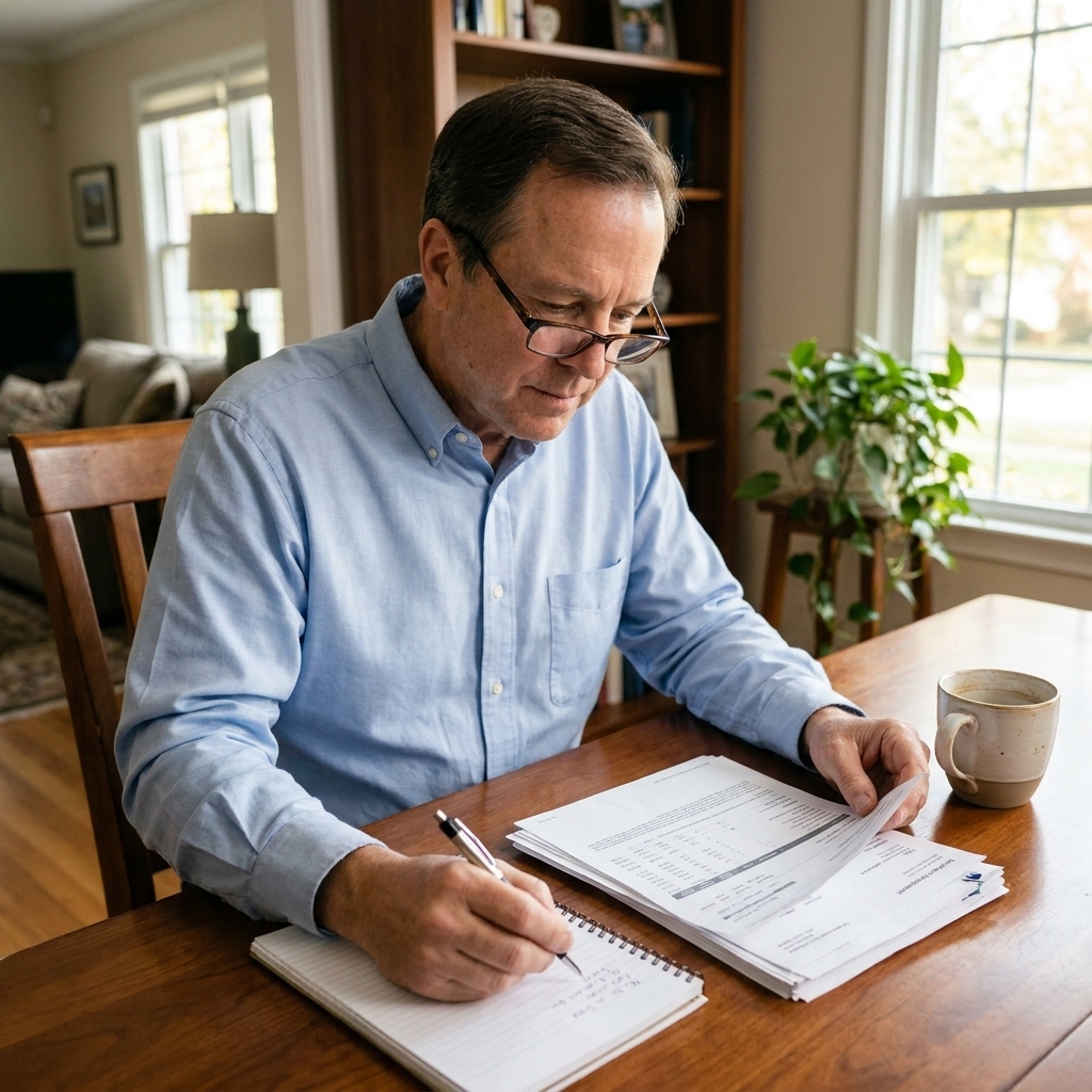 An older man sitting at a dining room table at home reviewing investment statements and a notebook, looking focused and calm