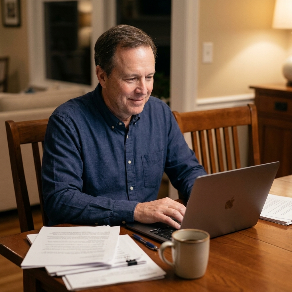 An older man sitting at a dining table using a laptop with paperwork nearby.