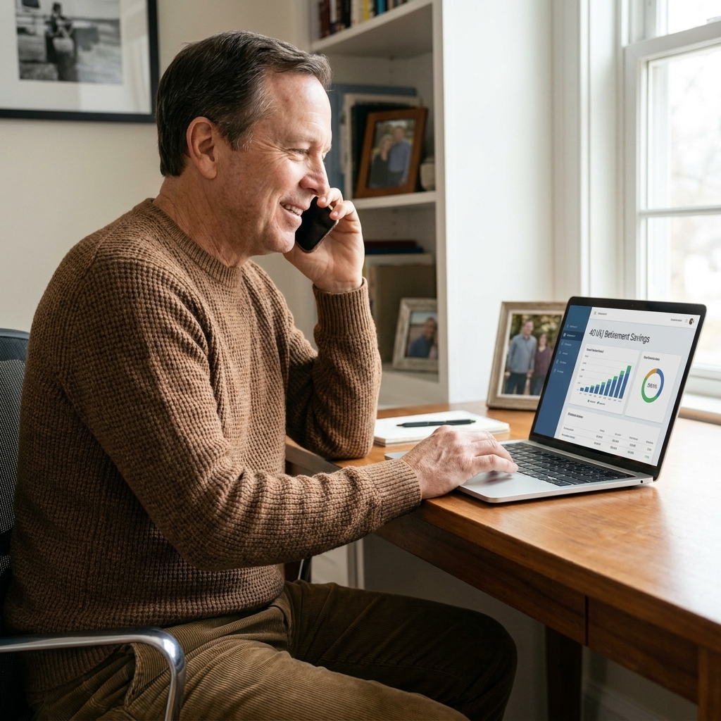 An older man sitting in a home office talking on the phone while viewing a 401(k) account page on a laptop, realistic photograph