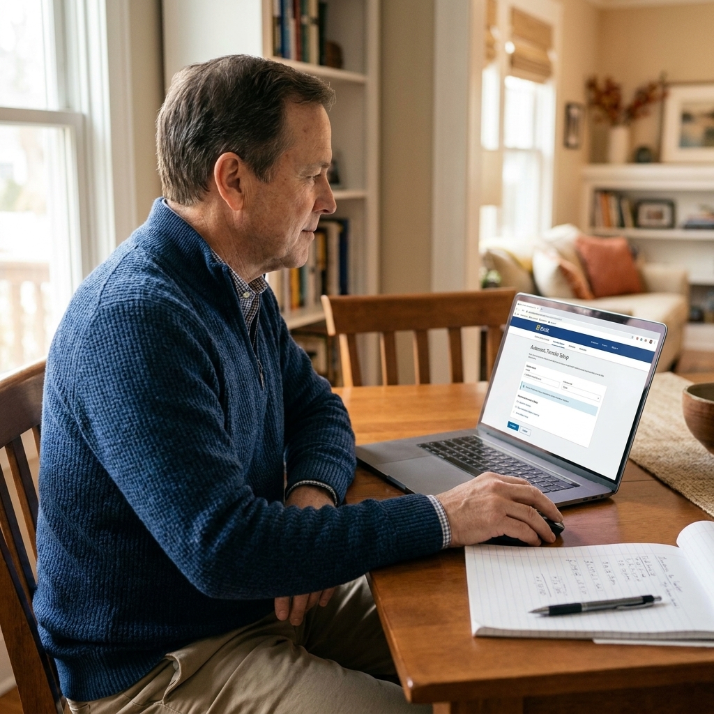 An older man using a laptop at home to set up an automatic bank transfer, with a notebook and pen on the table