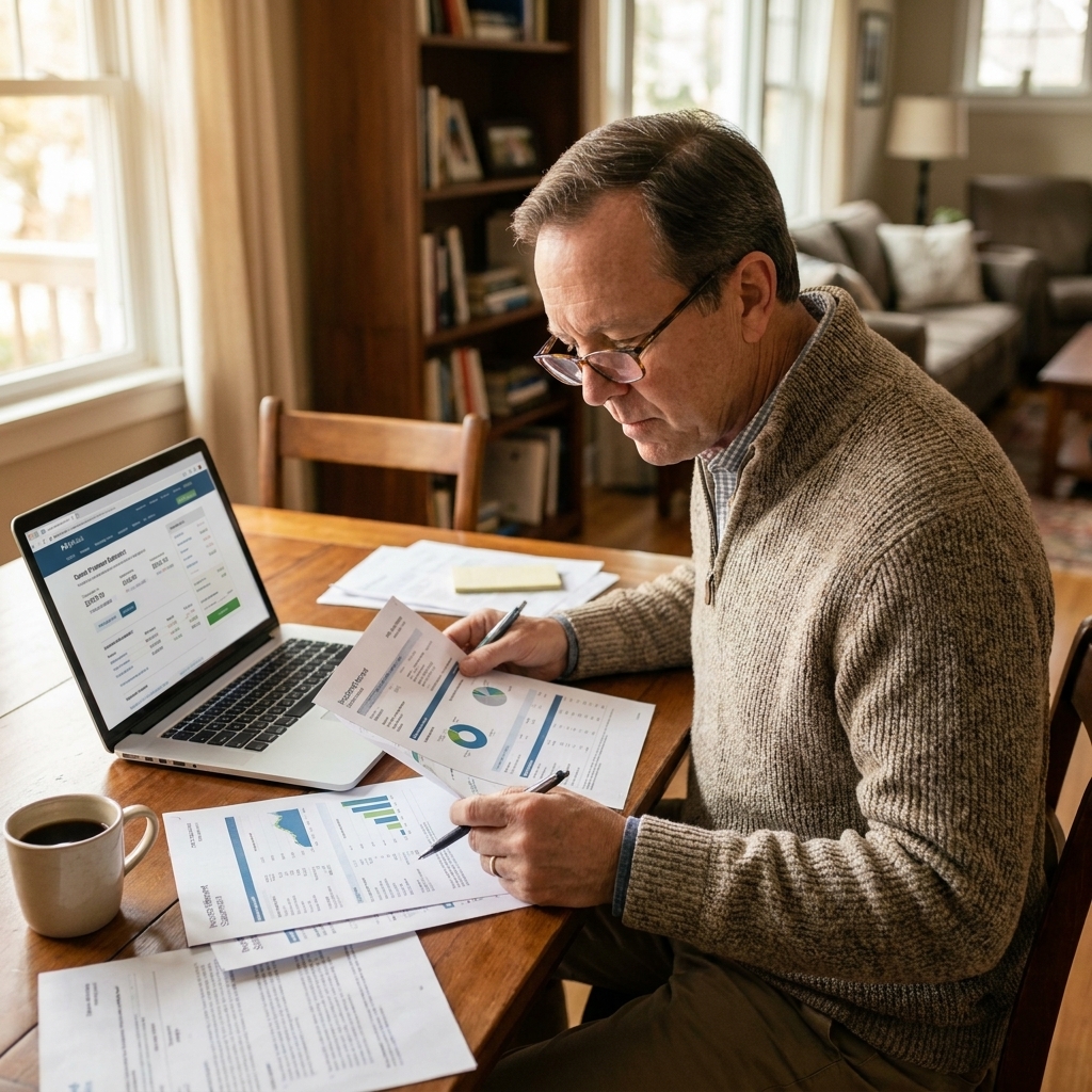An older man wearing glasses reviewing printed investment statements at home with a laptop nearby
