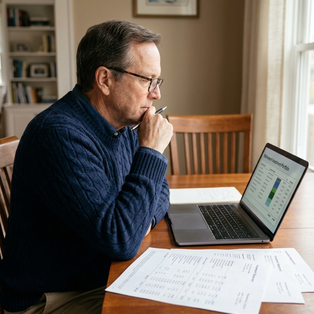 An older man wearing glasses sits at a dining table looking thoughtfully at a laptop screen while reviewing retirement investment statements