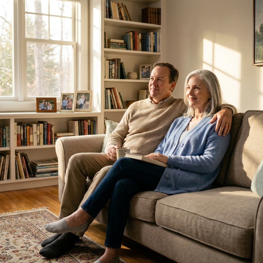 An older retired couple relaxing in their living room at home with a calm, relieved expression, sunlight coming through the window