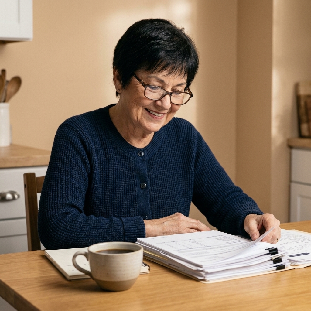 An older widow sitting at a kitchen table with neatly organized paperwork, a notebook, and a cup of coffee, looking calm and focused