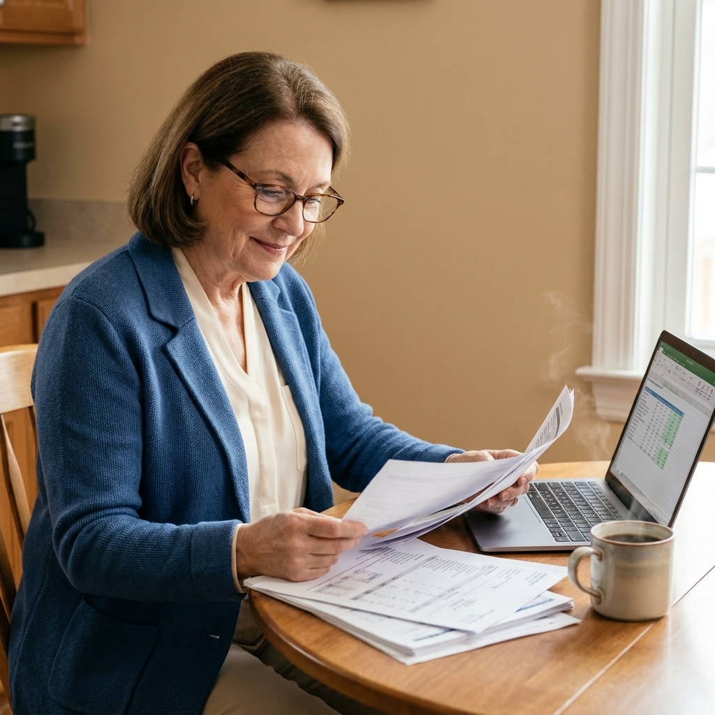 An older woman sits at a kitchen table reviewing paperwork with a laptop and a cup of coffee nearby