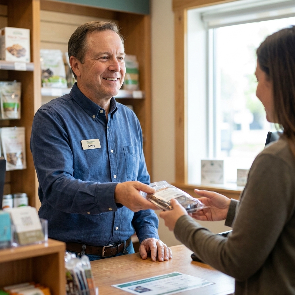 An older worker wearing a name tag helping a customer at a retail counter during the day
