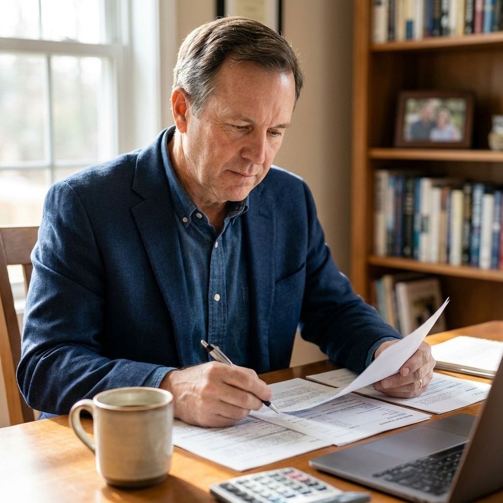 Mark Ellison in an office reviewing retirement planning paperwork.
