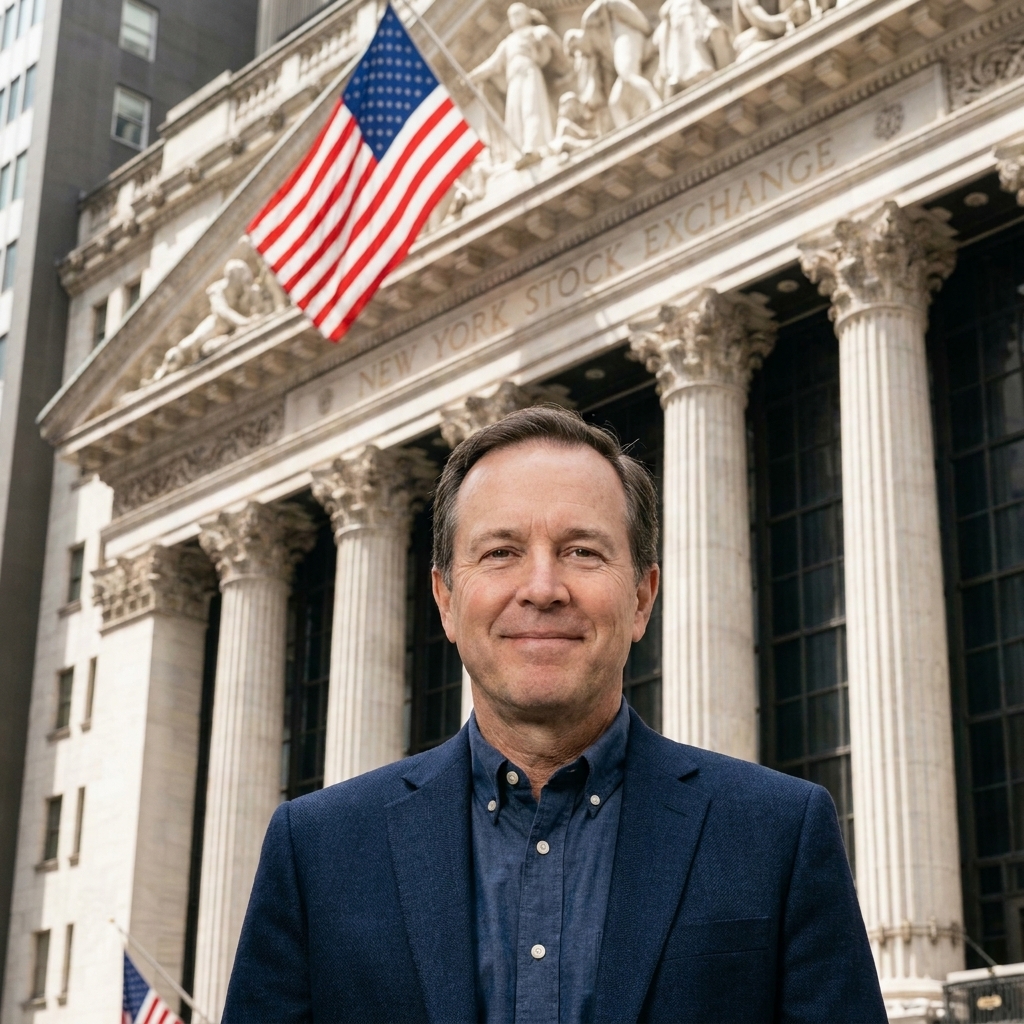 The New York Stock Exchange facade with columns and an American flag
