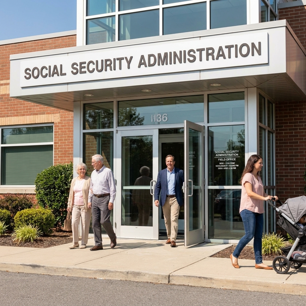 The entrance of a Social Security Administration field office on a clear day, with people walking in and out.
